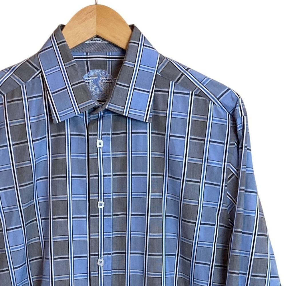 Bugatchi Uomo Mens Shaped Fit Plaid‎ Button Down Shirt Blue Grey NS3858075S